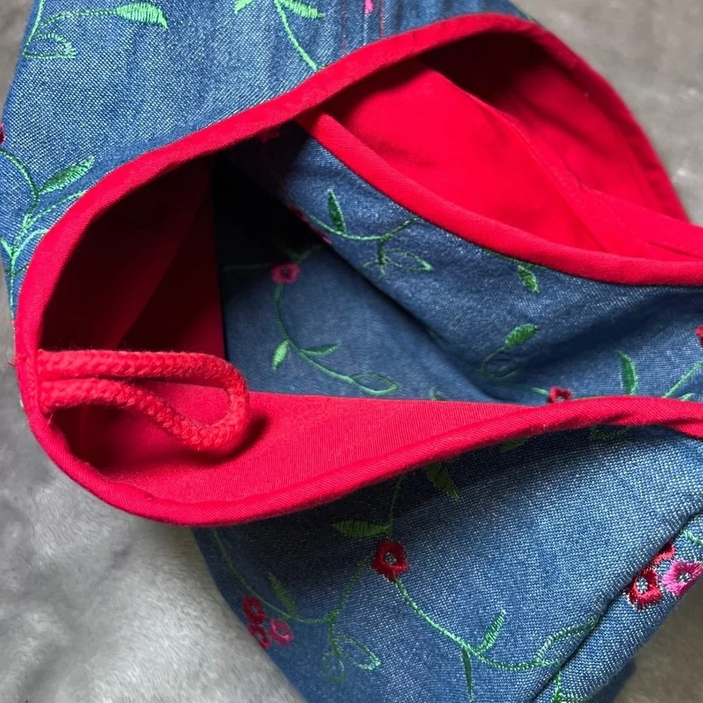 Embroidered Denim Shoulder Bag Floral Print Blue Red Button Hobo Bag Y2K Casual